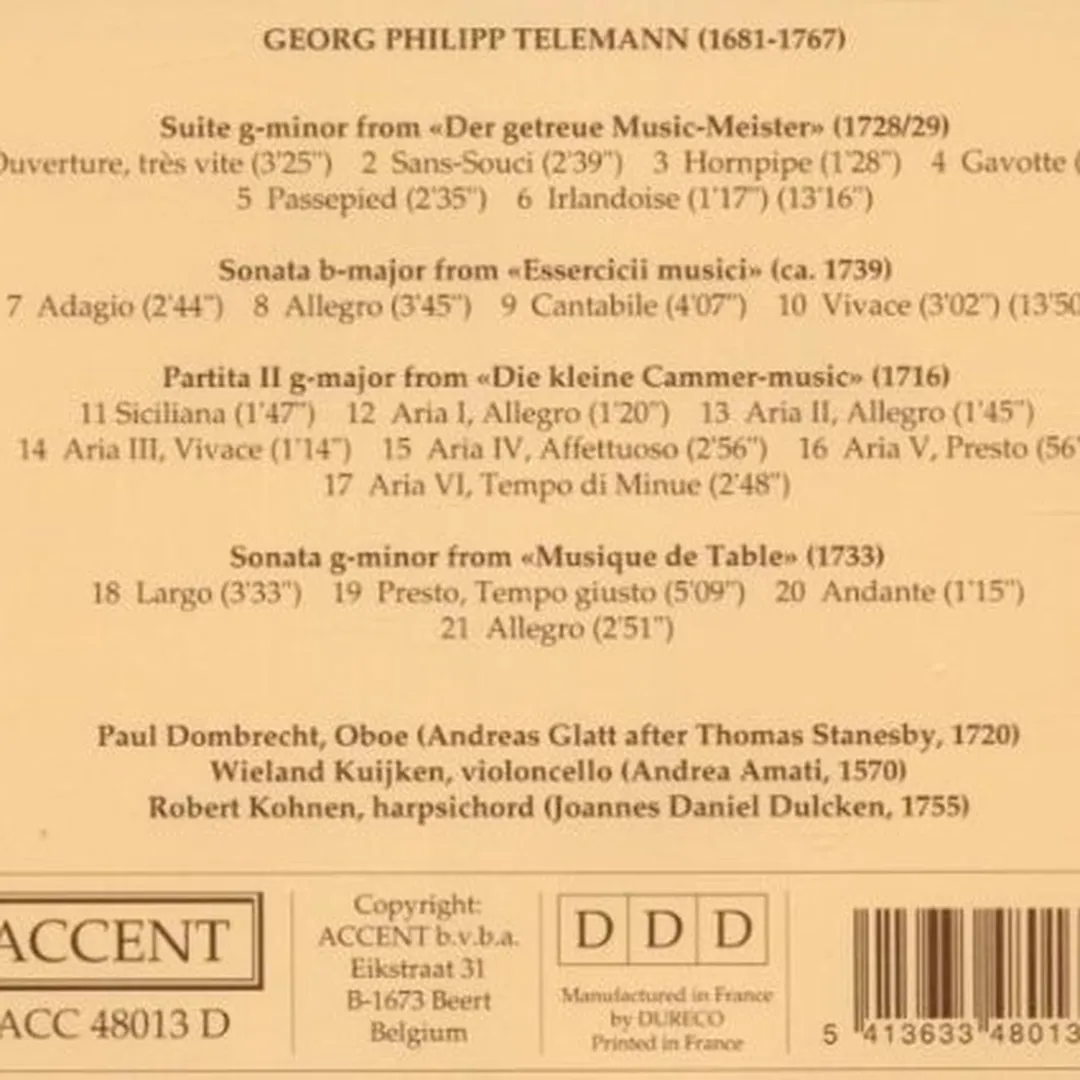 Telemann - Suite in G minor from "Getreue Music-Meister"; Sonata in B major from "Esserzicii musici"; Partita II in G major from "Die kleine Cammer-Music"; Sonata in G minor from "Music de Table"