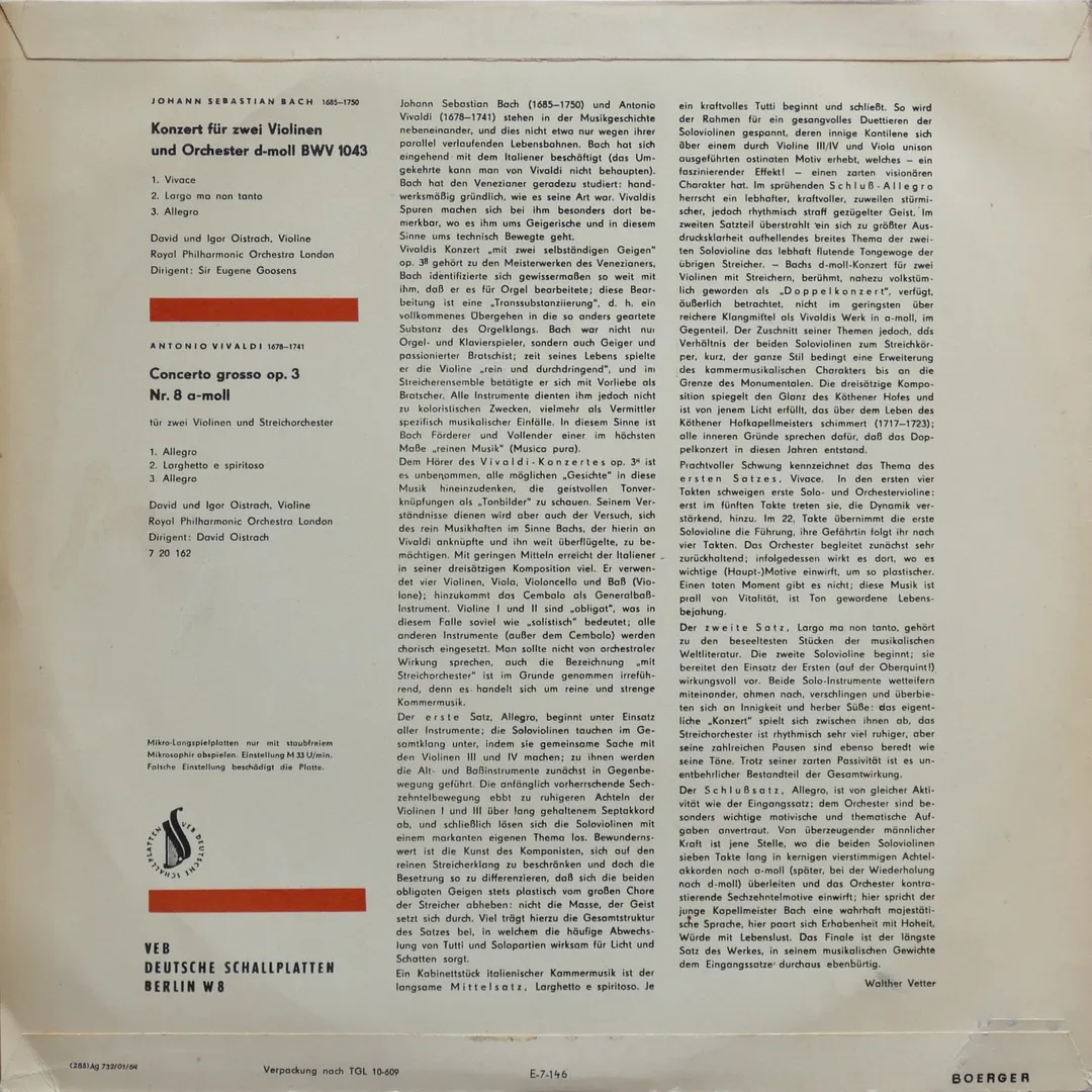 Bach: Konzert für zwei Violinen und Orchester d-moll BWV 1043 / Vivaldi: Concerto grosso op. 3 Nr. 8 a-moll