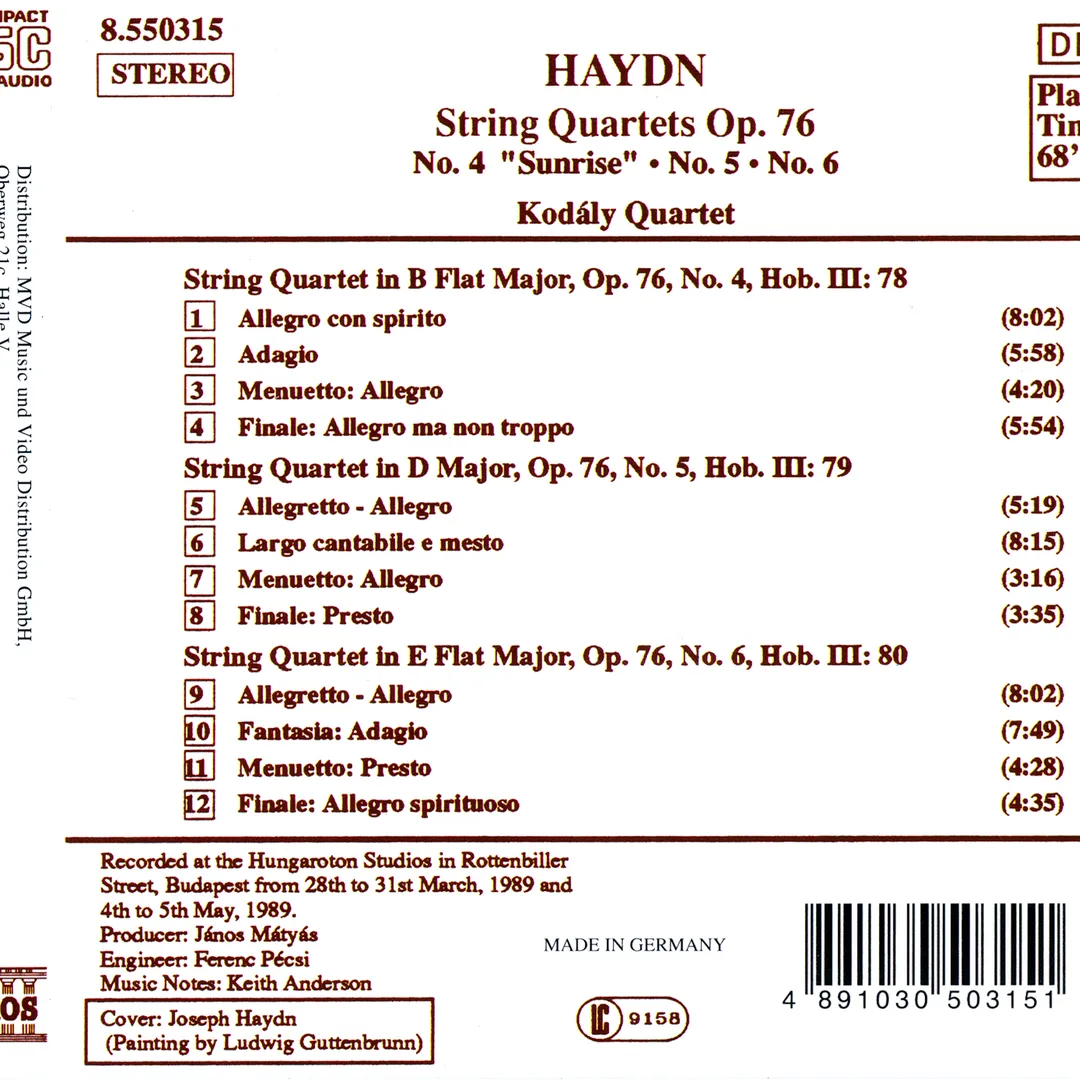 String Quartets, op. 76: No. 4 "Sunrise" / No. 5 / No. 6