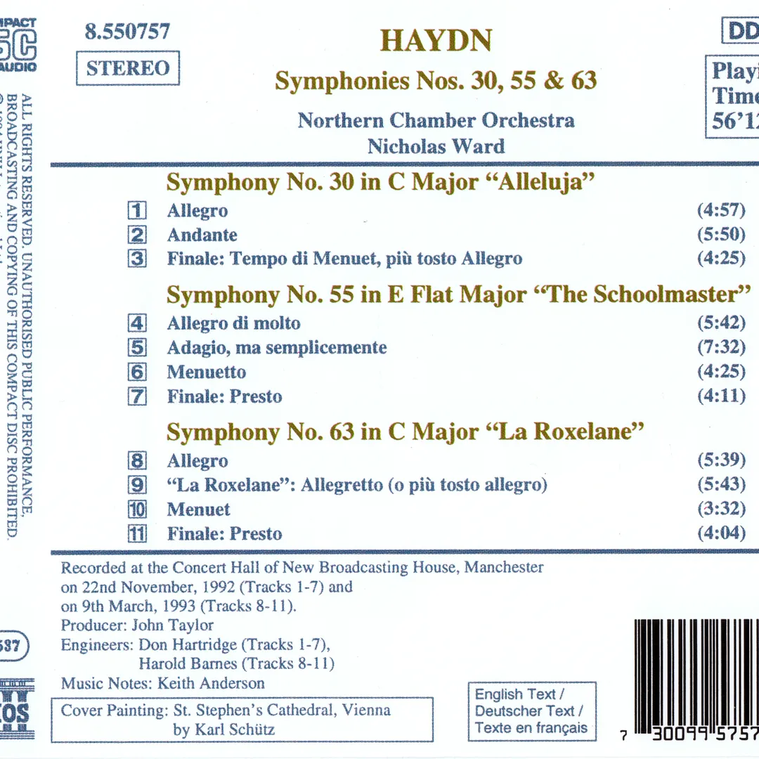 Symphonies, Vol. 10: No. 30 "Alleluja" / No. 55 "The Schoolmaster" / No. 63 "La Roxelane"
