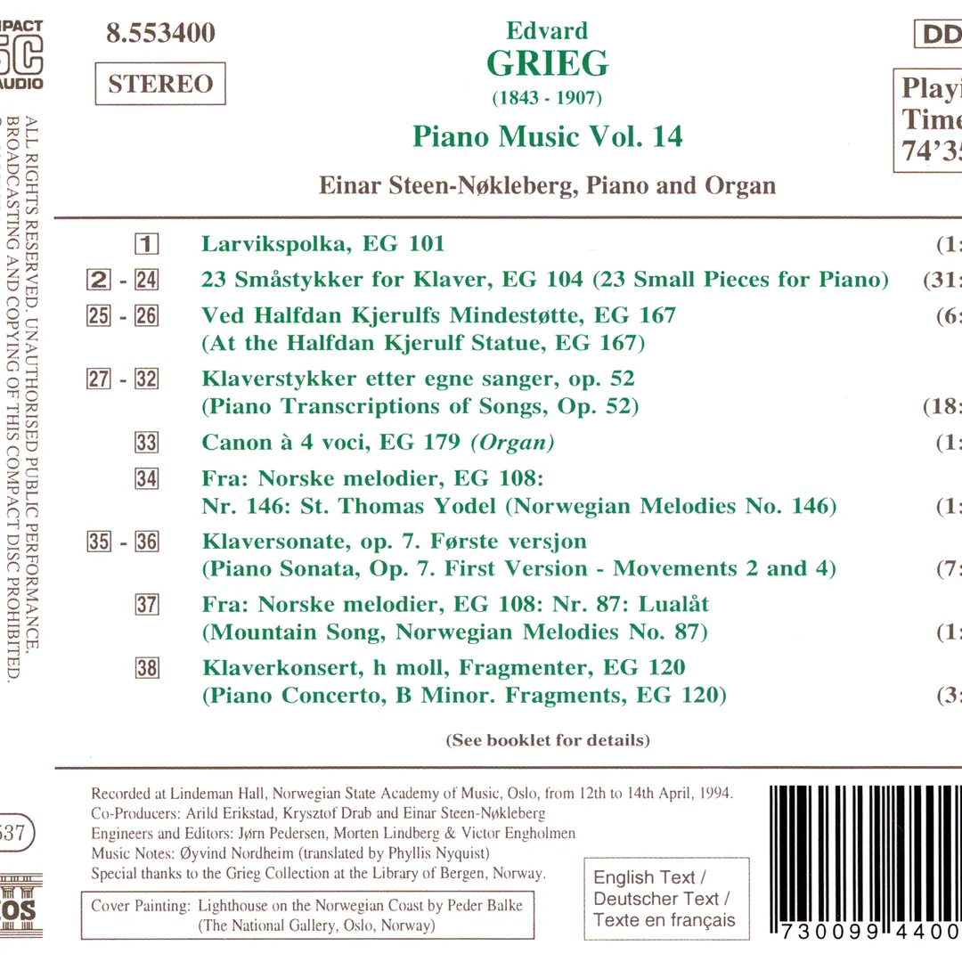 Piano Music, Volume 14: 23 Small Pieces for Piano / Piano Transcriptions of Songs, op. 52 / Larvikspolka / Piano Concerto in B minor (Fragments)