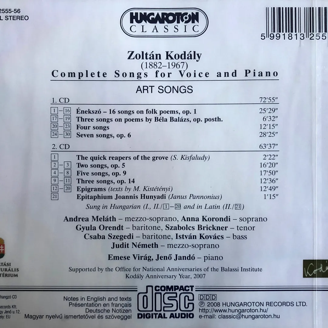 Kodály Complete Edition: Art Songs for Voice & Piano