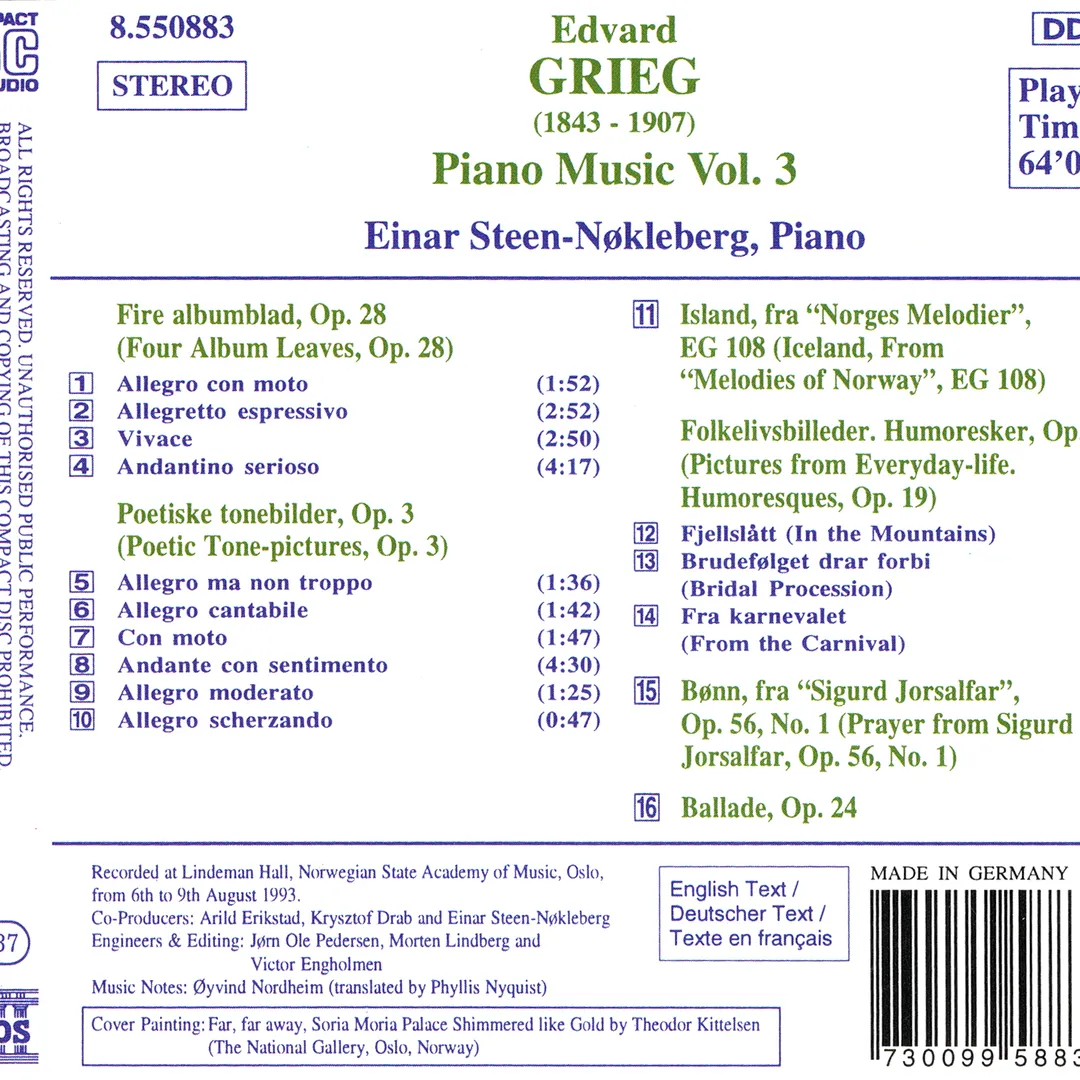 Piano Music, Volume 3: Four Album Leaves / Poetic Tone-Pictures / Pictures from Everyday Life / Ballade / Melodies of Norway / Prayer for Sigurd Jorsalfar